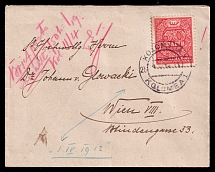 1919 50sh UNR Money-Stamp, Ukraine, Cover, Kolomyia - Vienna