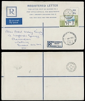 British Commonwealth - Falkland Islands - FALKLANDS WAR: 1982, registered stationery envelope 20p blue from British Antarctic to United Kingdom, uprated by Penguins 13p blue black and green, tied with Rothera ''8.MR.82'' date …