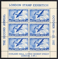 1937 2nd Annual London Stamp Exhibitoon, 'All Empire Mails by Air', Great Britain, Airships, Stock of Cinderellas, Non-Postal Stamps, Labels, Advertising, Charity, Propaganda, Airmail, Souvenir Sheet