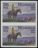 United States - Modern Errors and Varieties - 1989, 100th Anniversary of the Montana Statehood, imperforate plate proof of 25c multicolored (complete design) in vertical pair, nice margins all around, no gum as produced, NH, VF …