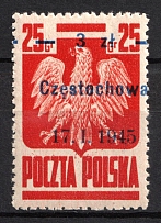 1945 3zl on 25gr Republic of Poland (Fi. 349 var, 'Czestochowa', SHIFTED Overprint to One Side, MNH)