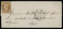 France - 1854, small size entire wrapper to Paris, franked by ''Repub. Franc.'' Napoleon 10c bister, cut through at bottom left with nice margins other sides, six-pointed star dots cancellation, fine and scarce, Yvert #9, €1,100, …