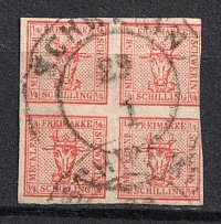 1856 1/4s Mecklenburg Schwerin, German States, Germany, Block of Four (Mi. 1, Used, CV $200)