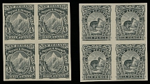 British Commonwealth - New Zealand - 1898, Mt. Cook ½p and Kiwi 6p, two engraved imperforate plate proofs in black, blocks of four printed on wove paper without watermark, no gum as produced, NH, VF, Est. $400-$500, Scott #70, 78…