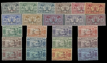 French Colonies - New Hebrides - 1925-38, Native Idols, 5c-5fr, Beach View, 5c-10fr, two complete sets of 11 and 12, overprint or perfin ''Specimen'', full OG, NH (over a half stamps of the 1st set) or LH, VF, SG #F42/52, F53/64, …