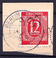 1948 12pf District 27 Leipzig Main Post Office, Leipzig Emergency Issue on piece, Soviet Russian Zone of Occupation, Germany (Berlin Postmark)