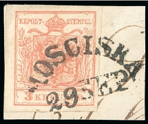 Mosciska, in modern day Ukraine. 1850 3kr, good margins, tied to piece by curved two-line datestamp on 29.9, very fine;