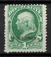 1875 1c Franklin, Special Printing 'Specimen' on Official Mail Stamp 'State', United States, USA (Scott O57S, Bluish Green, Carmine Overprint, CV $30)