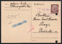 1938 (Oct 19) Card with temporary SCHWARZENTHAL postmark (Cerny Dul). Addressed to PRAGUE. Blue postmark of the Czech censorship. Occupation of Sudetenland, Germany