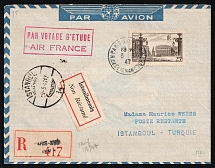 1947 France, First Flight Paris - Istanbul, Registered Airmail cover, franked by Mi. 761