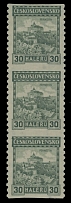 The One Man Collection of Czechoslovakia - Castles and City Views issue - 1926, Pernstein Castle, 30h gray green, coil stamp in vertical strip of three imperforate horizontally, full original slightly dry gum, VF, several …