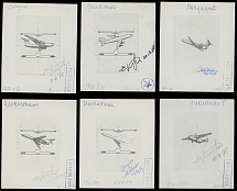 Worldwide Air Post Stamps and Postal History - Soviet Union - 1979, History of Aviation, (2k-32k), complete set of five sunken die proofs and extra proof of TU-154 with unfinished fuselage, artist E. Aniskin with group of …