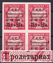 1924 20k For the Leningrad Proletariat, Soviet Union USSR, Block of Four (Zv. 69Bd, 'ГРОЛЕТАРИАТУ', Print Error, Chalky Paper, CV $400, MNH)