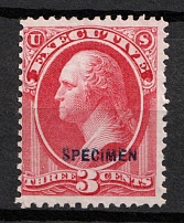 1875 3c Washington, Special Printing 'Specimen' on Official Mail Stamp 'Executive', United States, USA (Scott O12S, Carmine, Blue Overprint, CV $70)