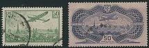 Worldwide Air Post Stamps and Postal History - France - 1936, Plane over Paris, 50fr emerald and 50fr Burelage, both are postally used, nicely centered, fresh and VF, C.v. $635, Scott #C14, C15…