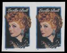 United States - Modern Errors and Varieties - 2001, Lucille Ball, 34c multicolored, horizontal pair of self-adhesive stamps with die cutting omitted, backing paper intact, VF, C.v. $700, Scott #3523a…