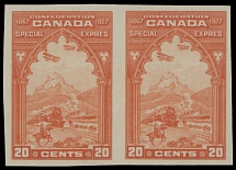 Canada - Special Delivery stamps - 1927, Confederation, 20c orange, horizontal imperforate pair, full OG, NH, VF, C.v. $380, Unitrade C.v. CAD$500, Scott #E3a…