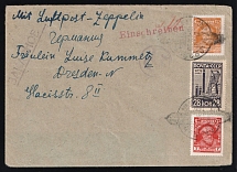 1930 Russia USSR Zeppelin Post LZ 127 registered cover fr. 28k Industrialization + extra stamps via Friedrichshafen (Bodensee) to Dresden Germany Air Mail