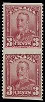 Canada - King George V ''Scroll'' issue - 1928, 3c carmine, vertical pair imperforate horizontally, full OG, NH, VF, C.v. $160, Unitrade C.v. CAD$225, Scott #151c…