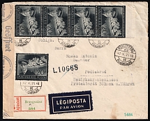 1942 (25 Oct) Hungary, Registered Airmail Censored Cover from Berehove (now Ukraine) to Podebrady franked with multiply 20f