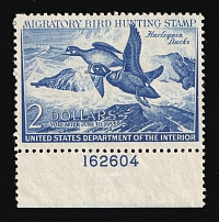 1952 $2 Duck Hunt Permit Stamp, United States (Sc. RW-19, Plate Number, CV $90, MNH)