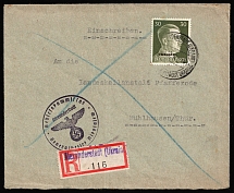 1943 (19 Dec) Ukraine, German Occupation, Germany, Registered Cover from B. Alexandrovka to Muhlhausen franked with 30pf and block of four with 3pf (Mi. 2, 14, CV $40)