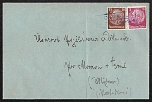 Letter mailed to PRUCHNA (Prochna). Small framed postmark. Occupation of Sudetenland, Germany
