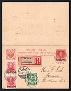 1914 (13 Jan) Levant, Russian Empire Offices Abroad, Registered postal stationery Postcard with the prepaid reply sent from Constantinople to Hannover (Germany), total franked by 60pa