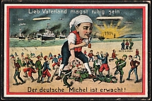 1914-18 'The German Michel has awoken' WWI European Caricature Propaganda Postcard, Europe