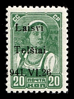 1941 20k Telsiai, Occupation of Lithuania, Germany (Mi. 4 I, SHIFTED Overprint, Signed, CV $30+, MNH)