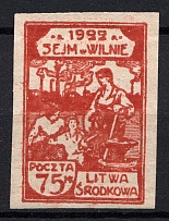 1922 75 M Central Lithuania (Carmine PROBE, Imperf Proof, MNH)