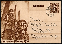 1934 Worker, Chimneys and Flags card was posted 1 May in Zeitz