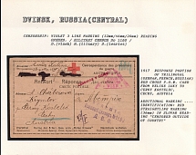 1917 Response Portion of Trilingual (German, French, Russian) Red Cross P.O.W. Card from Velike Luky to Cerny Kostelec, Cechy, Austria. DVINSK Censorship: violet 3 line marking (32 mm/46 mm/20 mm) reading