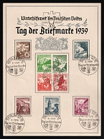 1939 (8 Jan) 'Postage Stamp Day', Berlin, Third Reich, Germany, Swastika, Souvenir Sheet (Mi. 675 - 683, Full Set, Commemorative Cancelation)