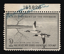 1956 $2 Duck Hunt Permit Stamp, United States (Sc. RW-23, Plate Number, Canceled)