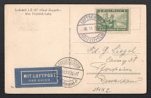 1930 (9 Now) Germany, Graf Zeppelin airship airmail postcard from Friedrichshafen to Frankfurt, Flight to Karlsruhe 'Friedrichshafen - Karlsruhe' (Sieger 97 Bb, CV $70)