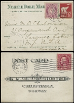 Worldwide Air Post Stamps and Postal History - Norway - 1925, Roald Amundsen's Attempted Flight to North Pole by flying boat ''Dornier Do J Wal'', double- sided small size postcard sent from USA to Norway on April 9, 1924 to be …