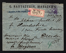1901 Russian Empire, Russia, Registered cover from Warsaw to Dresden with the violet postmark Warsaw