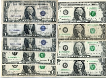 Лот банкнот США. 1 доллар. Разные года. 9 шт.