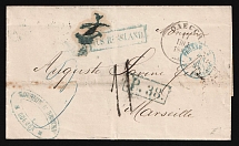 1868 (17 Jul) Russian Empire, Stampless Letter from Odessa to Marseille (France) ('Odessa 17 Jul 1868' in circle, Blue 'Kousmin and Hessen Odessa' Oval and Blue 'P.38.' and 'Aus Russland' in boxed postmarks, Blue 'Breslau Berlin' markings, Double CDS on b