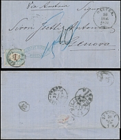 Imperial Russia - 1870, entire wrapper from Odessa to Genoa, sent without paying postage, Italian postage due 1L blue and magenta (Scott #J3) applied upon arrival, Vienna, Milan, Verona transits and arrival ds on the back, VF and …