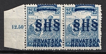 1918 25f Yugoslavia, Pair (Mi. 73 var, DOUBLE Overprint, Сertificate, Margin, Plate Number '12.50')