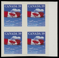 Canada - Modern Errors and Varieties - 1989, Flag over the Clouds, 39c multicolored, right sheet margin imperforate block of four, full OG, NH, VF, C.v. $1,050++, Unitrade C.v. CAD$1,400, Scott #1166d…