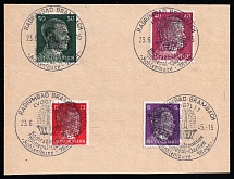 1945 RADIUMBAD BRAMBACH Local Issue 6pf - 50pf on piece, Germany, Overprint on Hitler's head (Commemorative Cancellation)