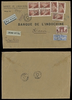 Worldwide Air Post Stamps and Postal History - France - Pioneer Flights - 1932 (August 3), Air Orient Flight cover from Paris to Hanoi, franked by 9 stamps, including Port du Gard 20fr red brown (type I) in block of four and 3 …