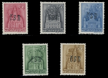Carpatho - Ukraine - Mukachevo Postage Stamps and Postal History - 1944, Churches and Cathedrals issue, black handstamped overprints ''CSR'' on 30f-80f, complete set of five, full OG, NH, VF, each stamp with Dr. Blaha's guarantee …