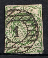 1851 3pf Saxony, German States, Germany (Mi. 2 II, Used, CV $160)