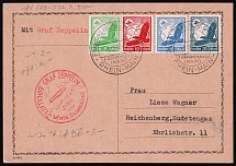 1938 (1 Dec) Third Reich, Germany, Zeppelin Flights, Airmail postcard from Frankfurt to Reichenberg franked with Mi. 529 - 532