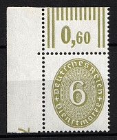 1932 6pf Weimar Republic, Germany, Official Stamp (Mi. 128 X WOR, Corner Margin, Plate Number, CV $30, MNH)