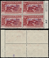 Worldwide Air Post Stamps and Postal History - Mexico - 1935, Amelia Earhart Flight to Mexico, violet overprint on ''Eagle Man'' 20c lake, right sheet margin plate No.67021 block of four, perfect quality, full OG, NH, VF and rare …